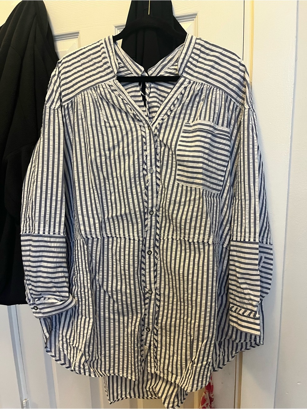 Free People Striped Button-Up Tunic Blouse in Navy and White
